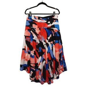 DKNY Red Blue Ivory Comb Geometric Print A-Line Swing Skirt 10 M NWT